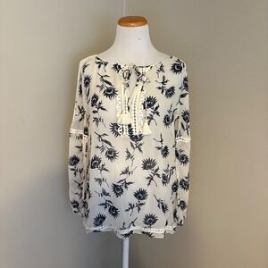 Tory Burch Ivory Floral Blouse Top‎ 100% Silk Sheer Lace Detail Bohemian Size 8
